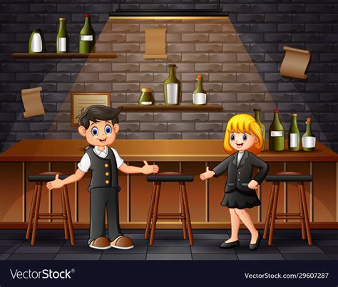Cartoon A Male And Female Bartenders On Bar Vector Image