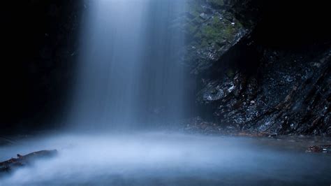 Download Wallpaper 2560x1440 Waterfall Cave Rocks Water Spray