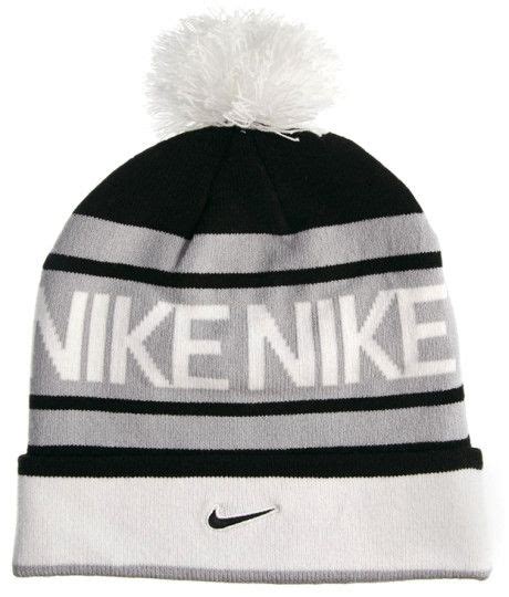 Nike Beanie Gray Stripes With Black Stripes And A White Puff Of Wool