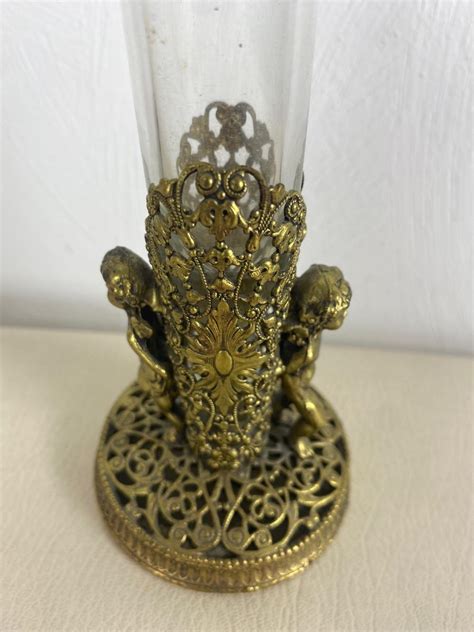 Vintage Brass And Blown Glass Filigree Bud Vase