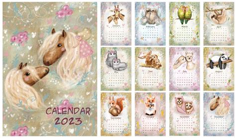 Cute Animal Calendar 2023 Monthly Illustration Stock Illustration
