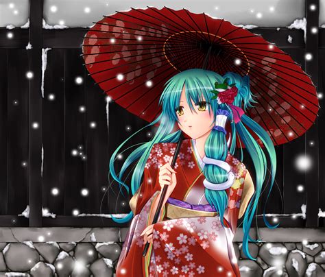 Aqua Hair Blush Fule Japanese Clothes Kimono Kochiya Sanae Long Hair