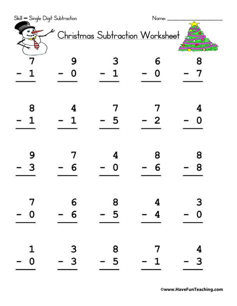 Christmas Single Digit Subtraction Worksheet • Have Fun Teaching