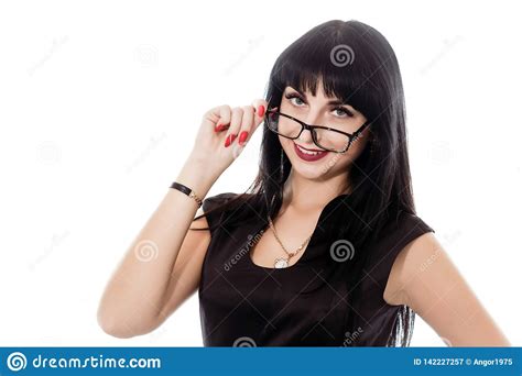 Portrait Of Young Beautiful Happy Brunette Woman With Eyeglasses