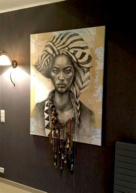 African Art Women With Head Scarf On Black Painted Wall African