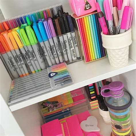 The Shelves Are Filled With Pens Markers And Other Office Supplies