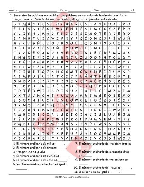 Cardinal And Ordinal Numbers Spanish Word Search Worksheet Amped Up