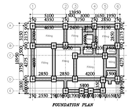 Foundation Plan Of 14x10m House Plan Is Given In This Autocad Drawing