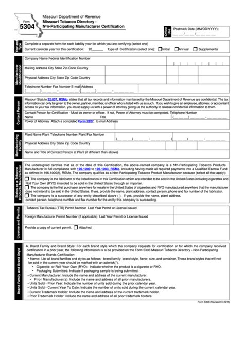 Fillable Form 5304 Missouri Tobacco Directory Non Participating