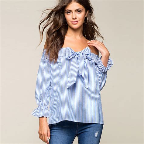 2017 Summer Women Sexy Strapless Blue And White Striped Shirt Bownot Off Shoulder Slash Neck Top