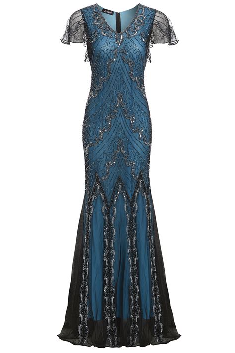 Evelyn Embellished 1920s Gatsby Blue Flapper Evening Maxi Dress Jywal