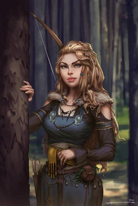 A Painting Of A Woman Holding A Bow And Arrow In The Woods With Trees