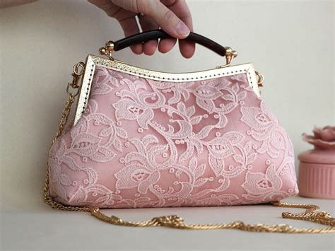 Wedding Clutch Purse Coral Pink Lace With Gold Kiss Lock Etsy
