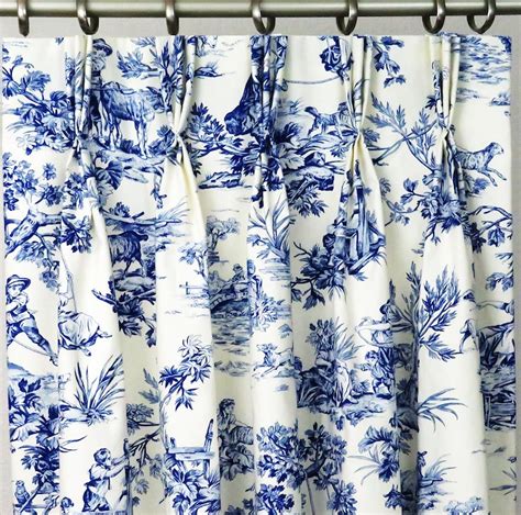 Toile Curtain Navy Blue White Panels Pinch Pleated 3 Fold Etsy