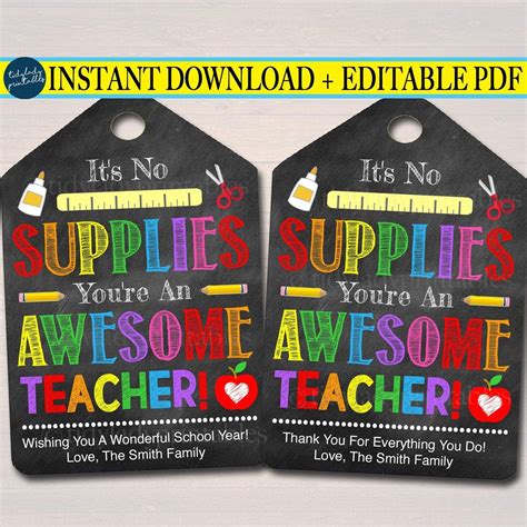 Teacher Appreciation School Supply Printable Gift Tags Teacher Appreciation Gifts Printables