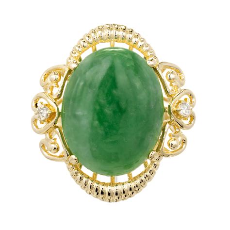 Imperial Green Jadeite Jade Marquise Shape Cabochon And Diamond Ring