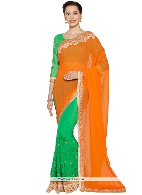 green and orange lace work faux georgette designer half n half saree half saree saree party