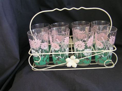 Mid Century White Drink Glass Caddy With 8 Pink And Green Floral Retro Glasses White Drinks