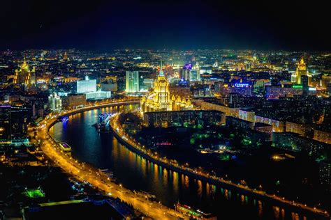 download russia horizon aerial river light night cityscape city man made moscow 4k ultra hd