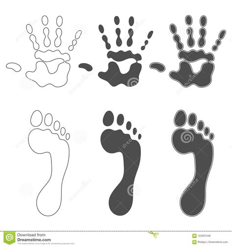 Set Of Black And White Illustrations With Prints Of Hands And Feet