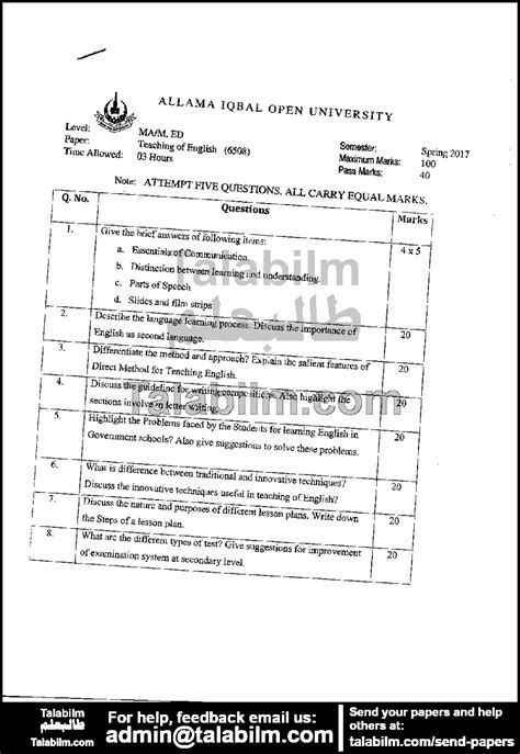Teaching Of English Code No 6508 Spring 2017 Past Papers Aiou Talabilm