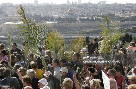 Christian Pilgrims Holding Branches Of Palm Tree March From Mount Of