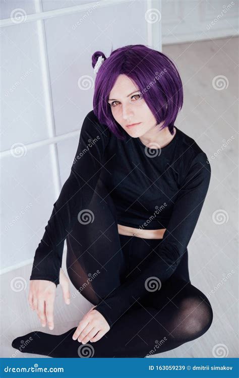 Fashionable Woman With Purple Hair Anime Japan Cosplay Stock Image