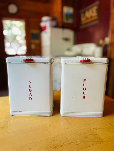 Kreamer Vintage Kitchen Canister Set In White With Red Trim Etsy