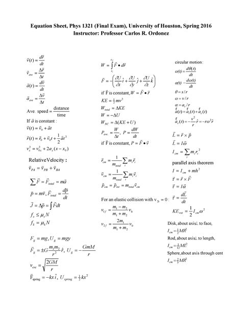 University Physics 1 - Formula Sheet 2016 - StuDocu