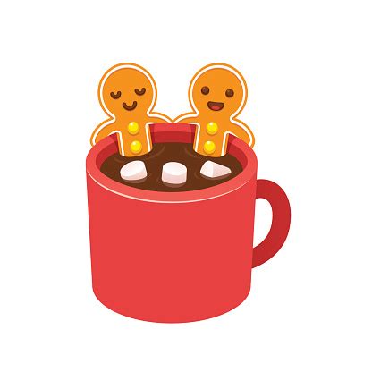 Cute set with eight illustration of mugs with hot cocoa or coffee, cream, ginger cookies on white background. Gingerbread Man Cookie In Hot Chocolate Cup Stock Illustration - Download Image Now - iStock