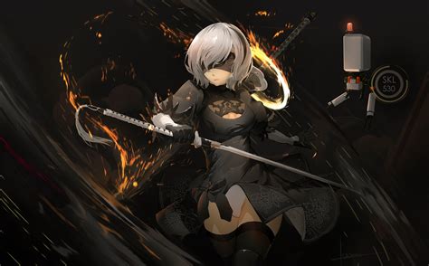 Female Anime Character Wearing Black Dress Holding Sword Wallpaper