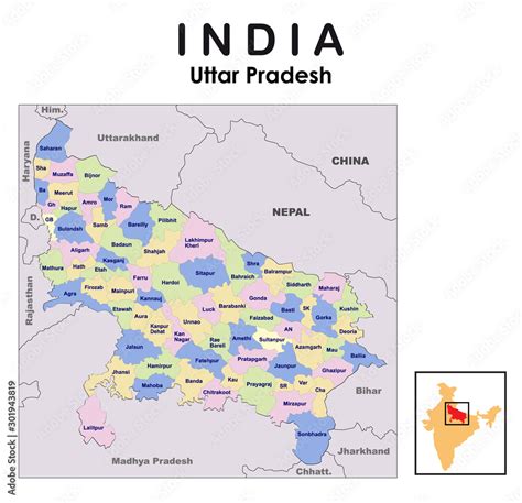 Uttar Pradesh Map With Border Uttar Pradesh District Map Vector