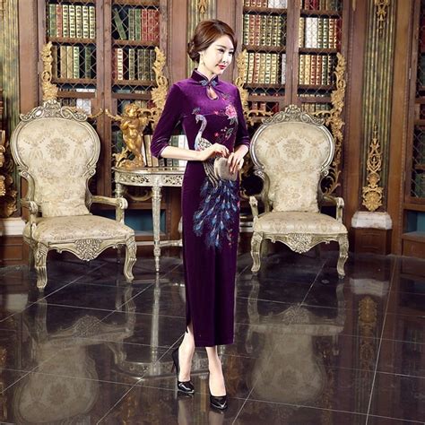 traditional purple velour floral embroidery cheongsam evening dress velvet evening dress velvet