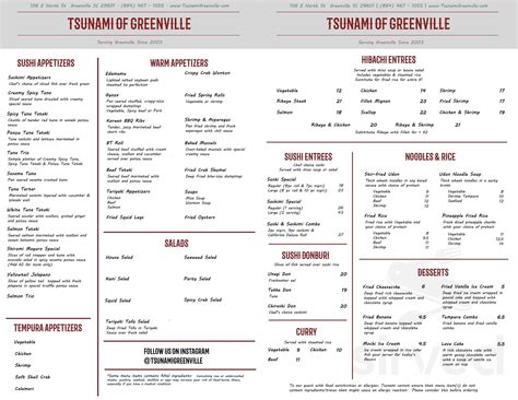 tsunami restaurant menu in greenville south carolina usa