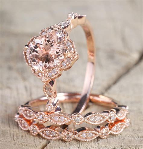 225 Carat Morganite Diamond Trio Wedding Bridal Ring Set In 10k Rose Gold With Engagement Ring