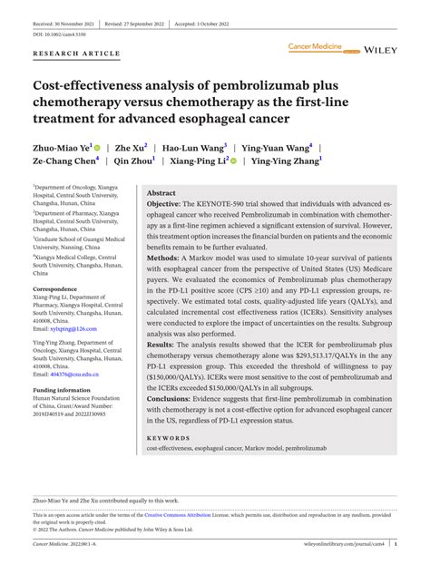 Pdf Cost‐effectiveness Analysis Of Pembrolizumab Plus Chemotherapy