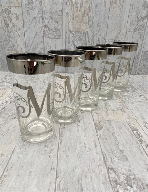 Mid Century Modern Glass Set M Monogram Silver Rim Drink Ware Dorothy Thorpe Style