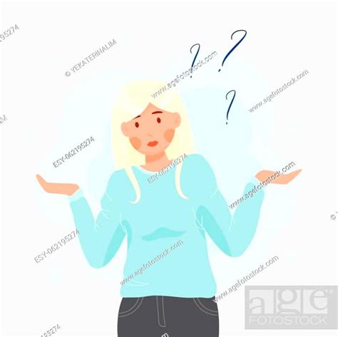 Confused Woman Concept Illustration With Wide Spread Hands And Question Marks Stock Vector
