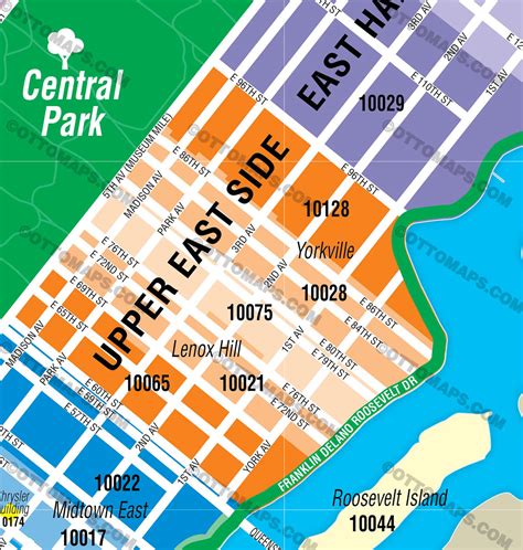 Manhattan Zip Code Map Neighborhoods Colorized Otto Maps