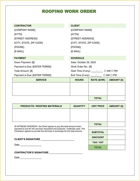 Sample Roofing Work Order Template