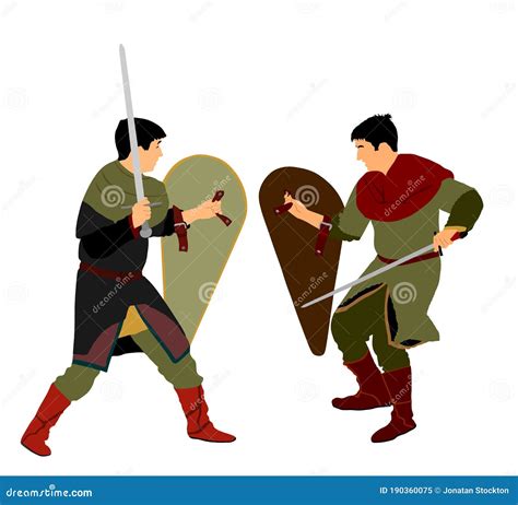 Knights In Armor With Sword Fight Vector Illustration Isolated On White