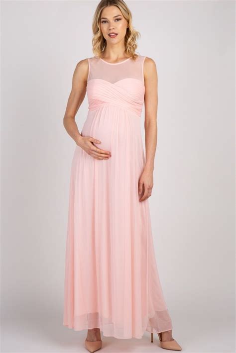Light Pink Mesh Neckline Ruched Bust Maternity Evening Gown Maternity Evening Gowns Maternity
