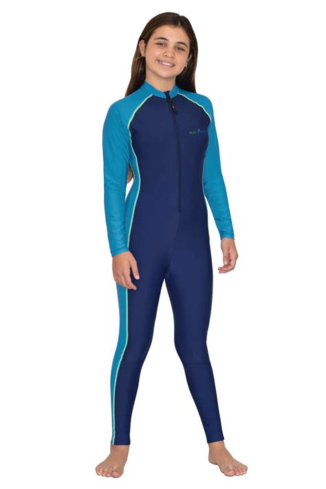 Girls Full Body Swimsuit Stinger Suit Uv Protection Upf50 Navy Turquoise Chlorine Resistant
