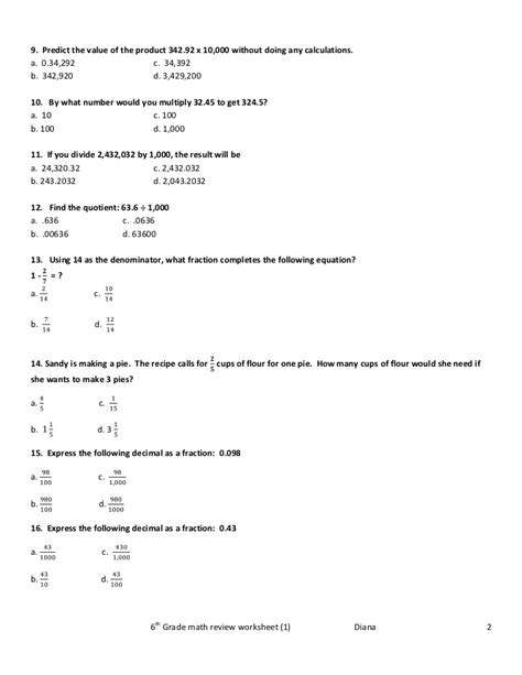 Click to print algebra worksheets below. 6th grade math review worksheet(1)