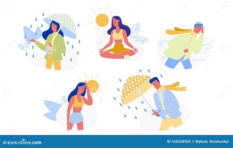 People And Seasons Different Weather Set Isolated Stock Vector