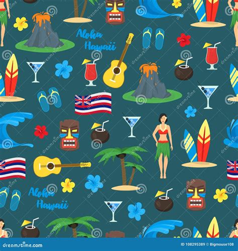 Hawaii Seamless Pattern Blue Repeating Background With Hula Dancing