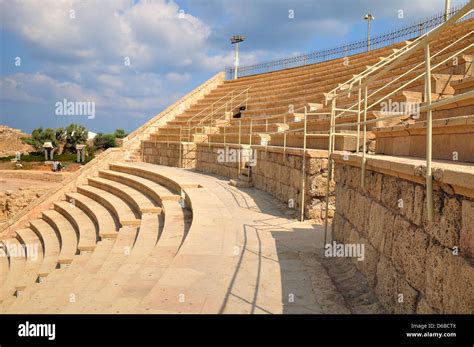 Renovated Tribune Of Ancient Amphitheater Of Caesarea Israel Stock