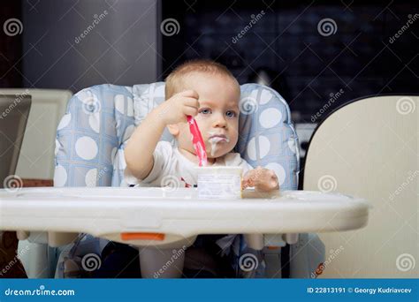 Baby Boy Eating Yoghurt Cream Stock Image Image Of Face Expression