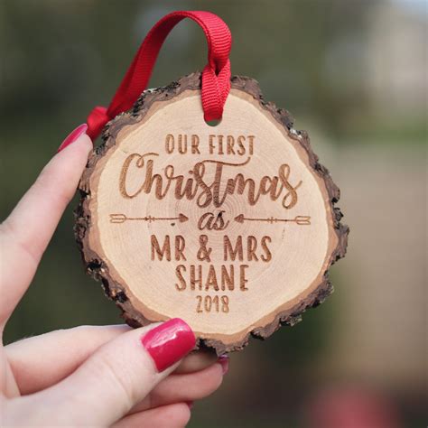 First Christmas Married Personalized Wooden Ornament Newlywed Etsy