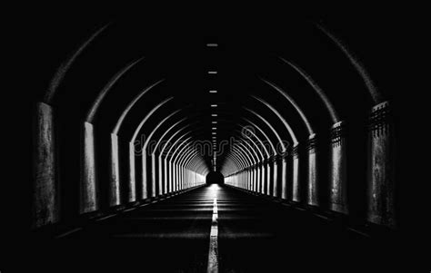 Dramatic Black White Monochrome Highway Tunnel Night Time Light Shapes